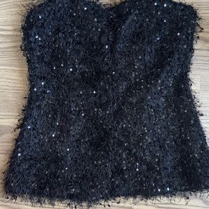 Black Sequin Fuzzy Strapless Top